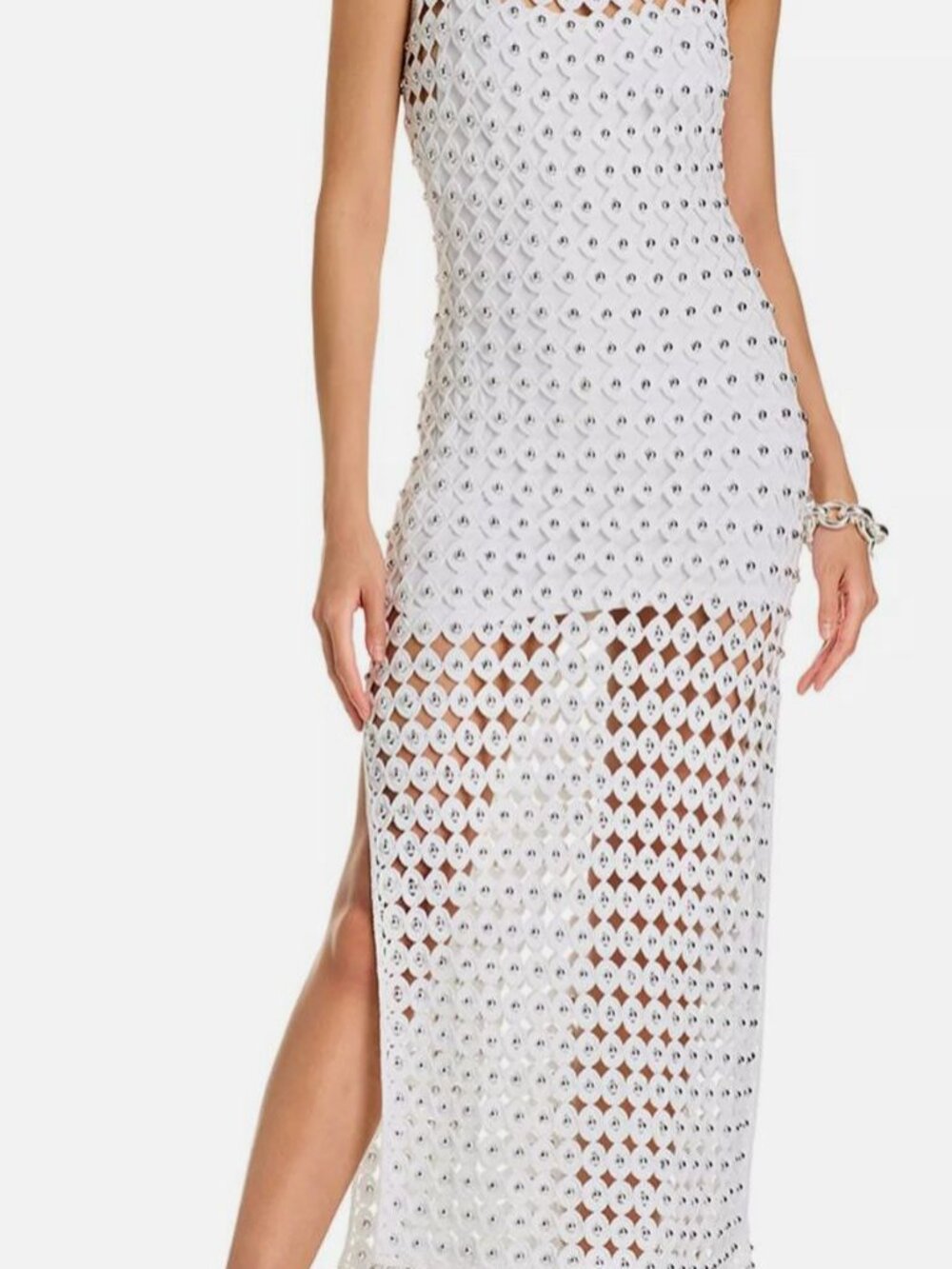 TOCCIN Women's White Silver Lined Slim Fit Cotton Clementine Midi Dress Size XL